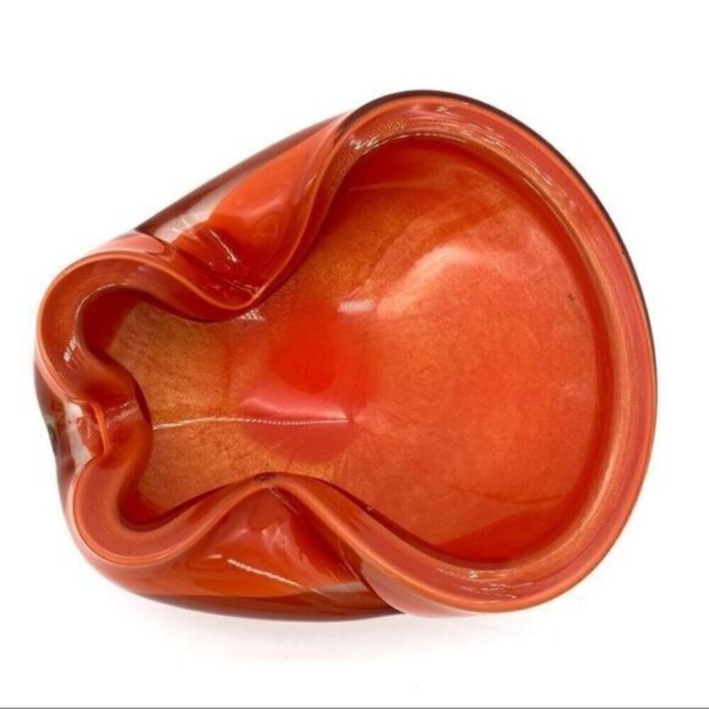 Alfredo Barbini Murano Art Glass Ashtray Bowl MCM Italian Orange Red Gold Specks